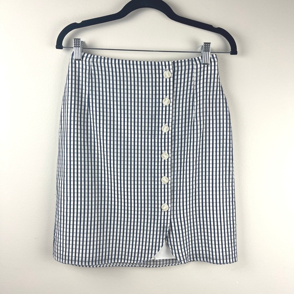 2/$30 Gianni Bini Blue Silk Blend White Gingham Buttons Minil Skirt 2 - Picture 3 of 8